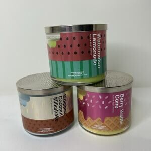 Bath & Body Works Candles Whipped Coconut Milkshake Lemonade & Berry Waffle Cone